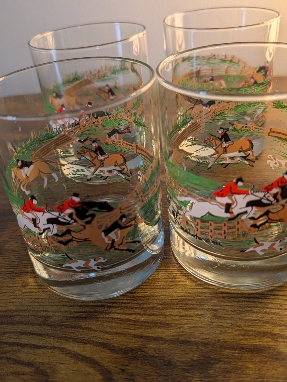 Vintage 4 Inch Fox Hunt Glass Tumblers - Set of 4, Red & Green Accent